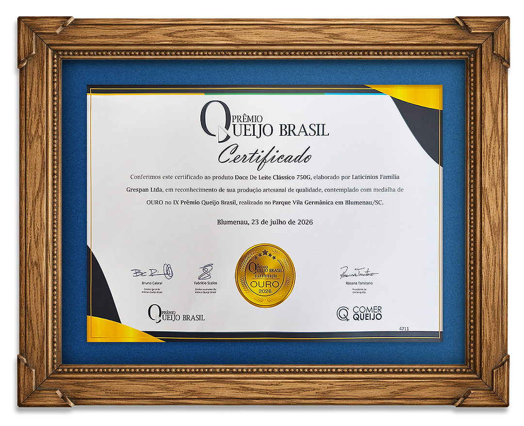 Certificado conquistado pela Família Grespan no maior concurso de produtos lácteos artesanais do Brasil.